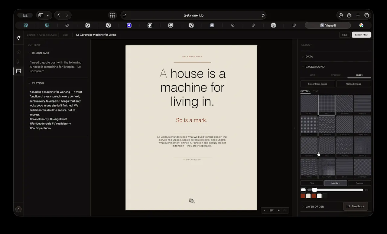 A generated quote graphic open in Graphic Studio beside its prompt and caption
